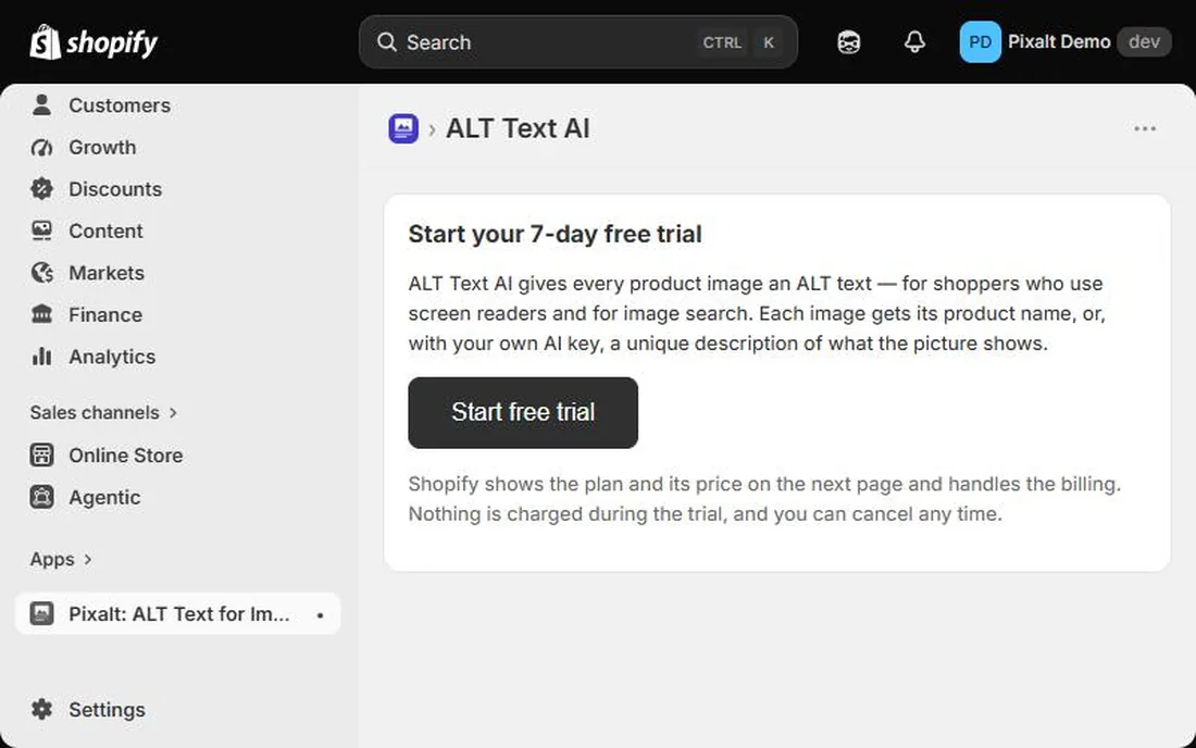 Початковий екран Pixalt: Start your 7-day free trial